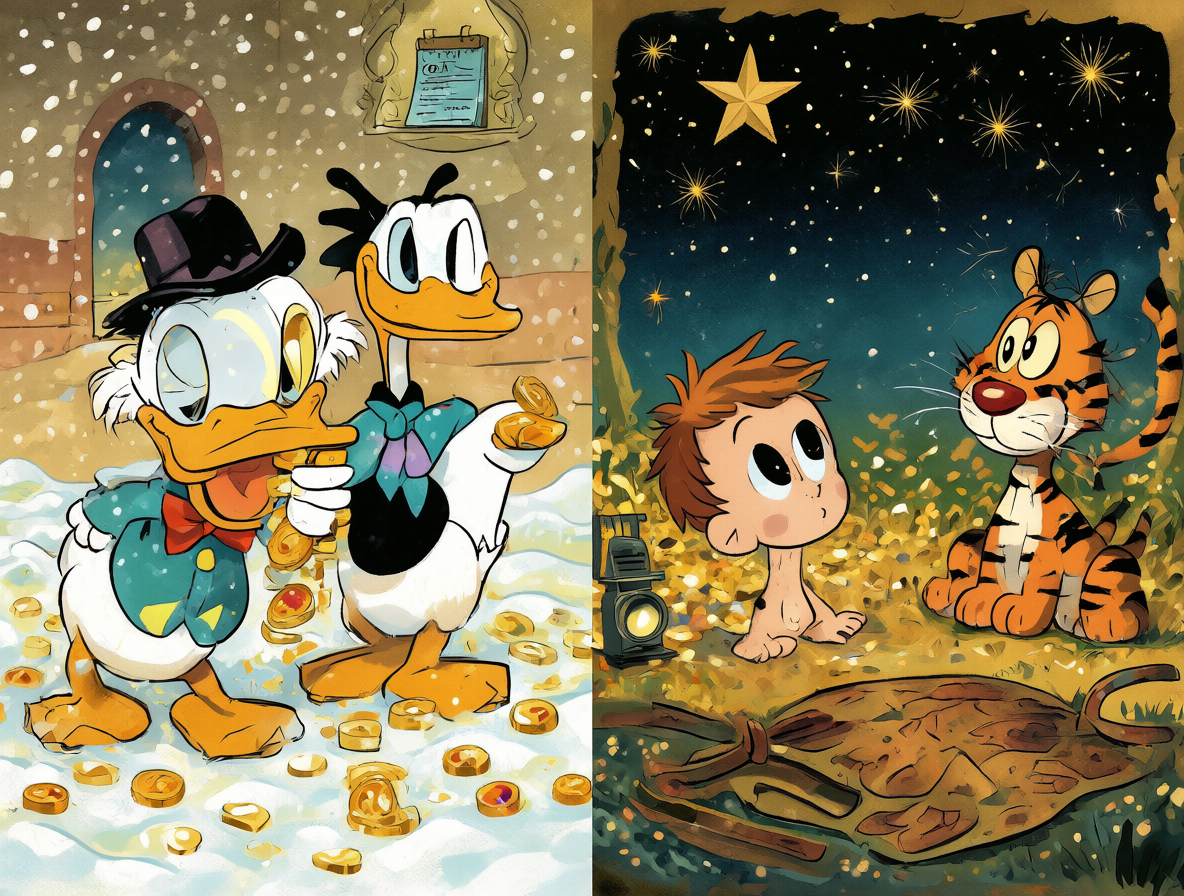 Ilustración dividida mostrando a Scrooge McDuck y a Calvin mirando las estrellas, celebrando el legado de los autores de cómics.