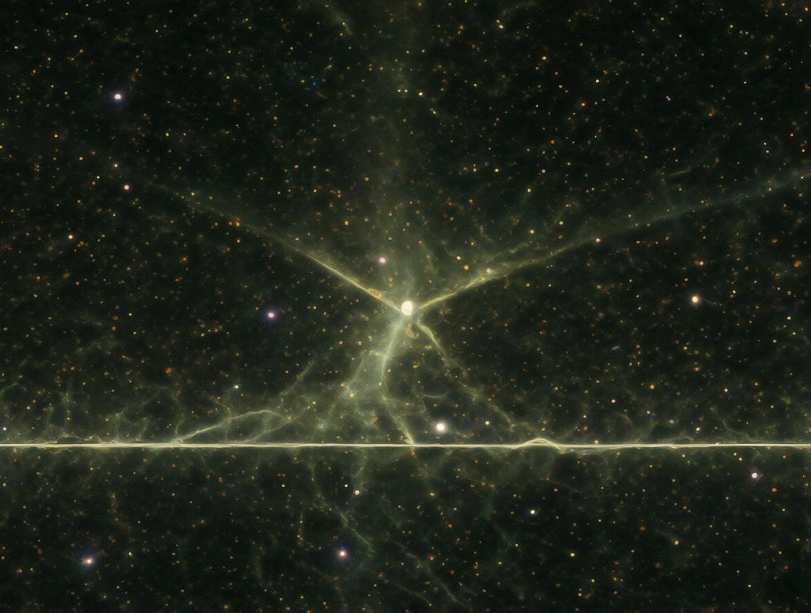 Vista general del universo mostrando el fondo de microondas y una línea brillante que representa la anomalía del Eje del Mal.