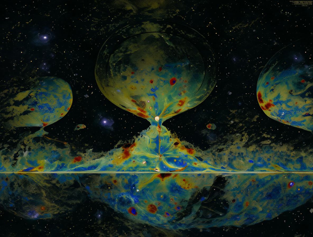 Mapa del cielo cósmico con una región oscura destacada y dos hemisferios celestes mostrando fluctuaciones de temperatura.