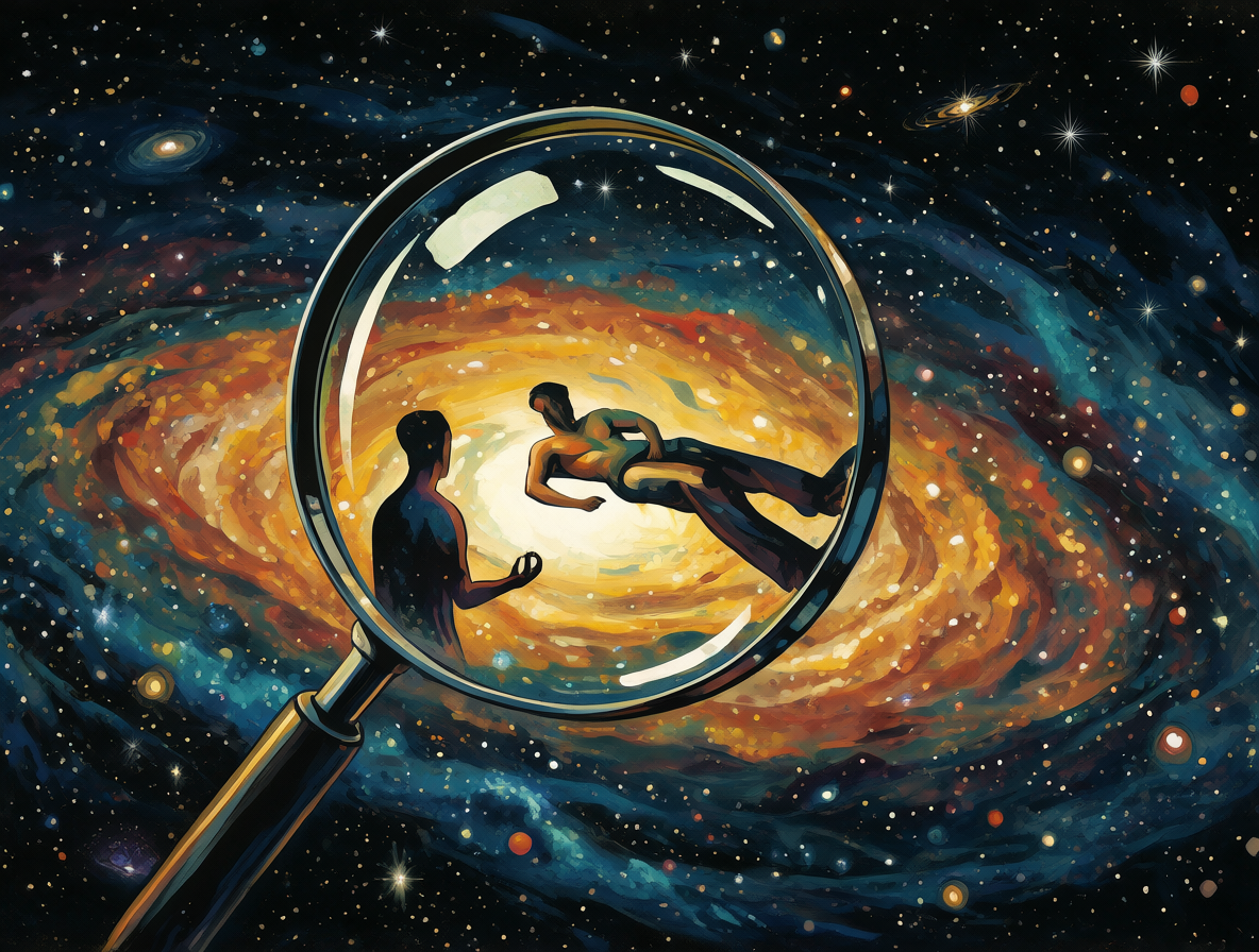 Un observador humano flotando frente a una galaxia con una lupa brillante enfocada en su posición específica.