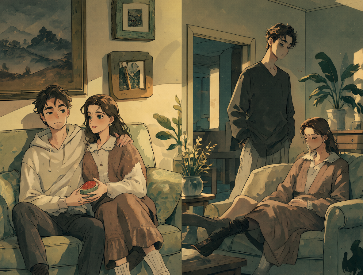 Ilustración que muestra dos escenas contrastantes de una pareja, destacando la diferencia entre la confianza total y las actitudes formales o narcisistas.