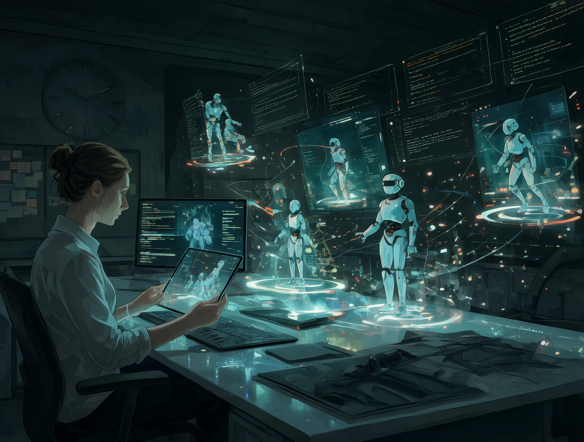 Ilustración de una persona trabajando con múltiples pantallas holográficas y guiando entidades robóticas en un escritorio moderno, con un reloj marcando las 3 AM.