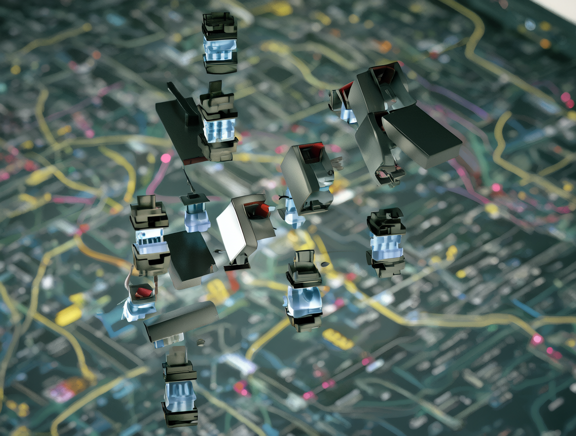 Vista cercana de bloques de nodos flotando con conectores sueltos sobre un fondo borroso.