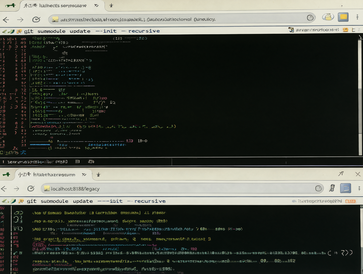 Pantalla dividida mostrando una terminal ejecutando un comando de actualización y una barra de dirección web.