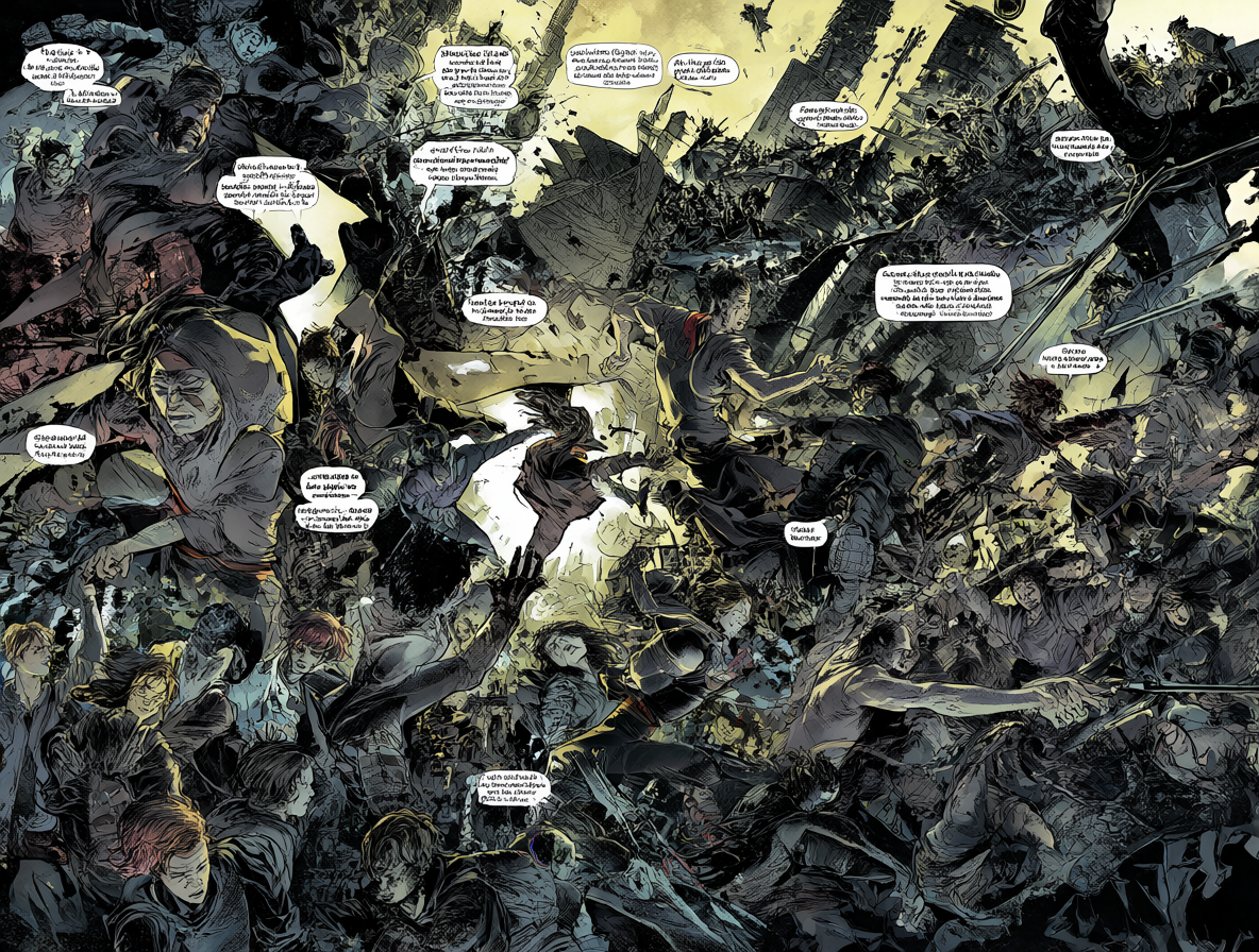 Ilustración detallada de una página de cómic oscura con personajes de God Is Dead y Crossed, mostrando batallas caóticas.