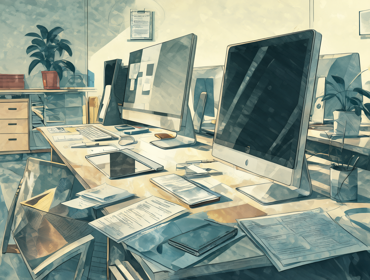 Escritorio de oficina con computadoras modernas y documentos.