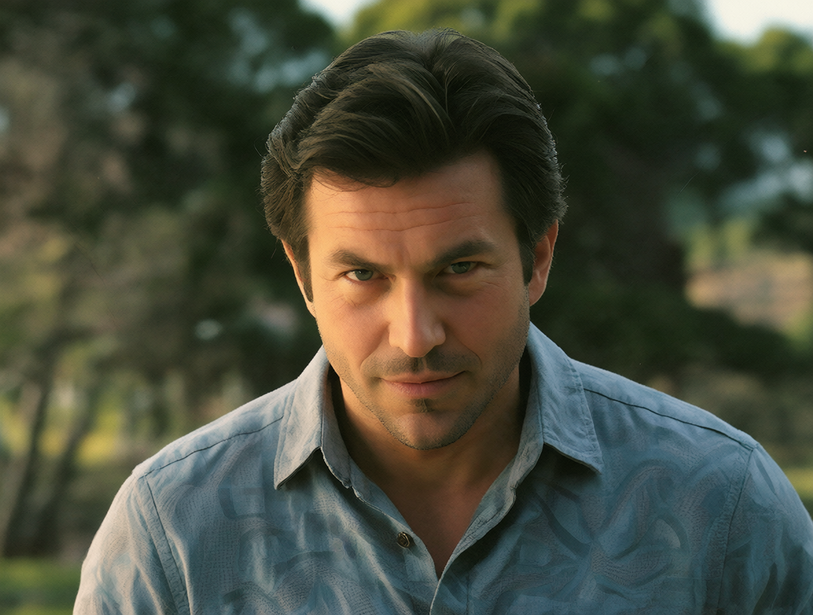 Portrait of Jonathan Higgins in a classic 80s TV show style