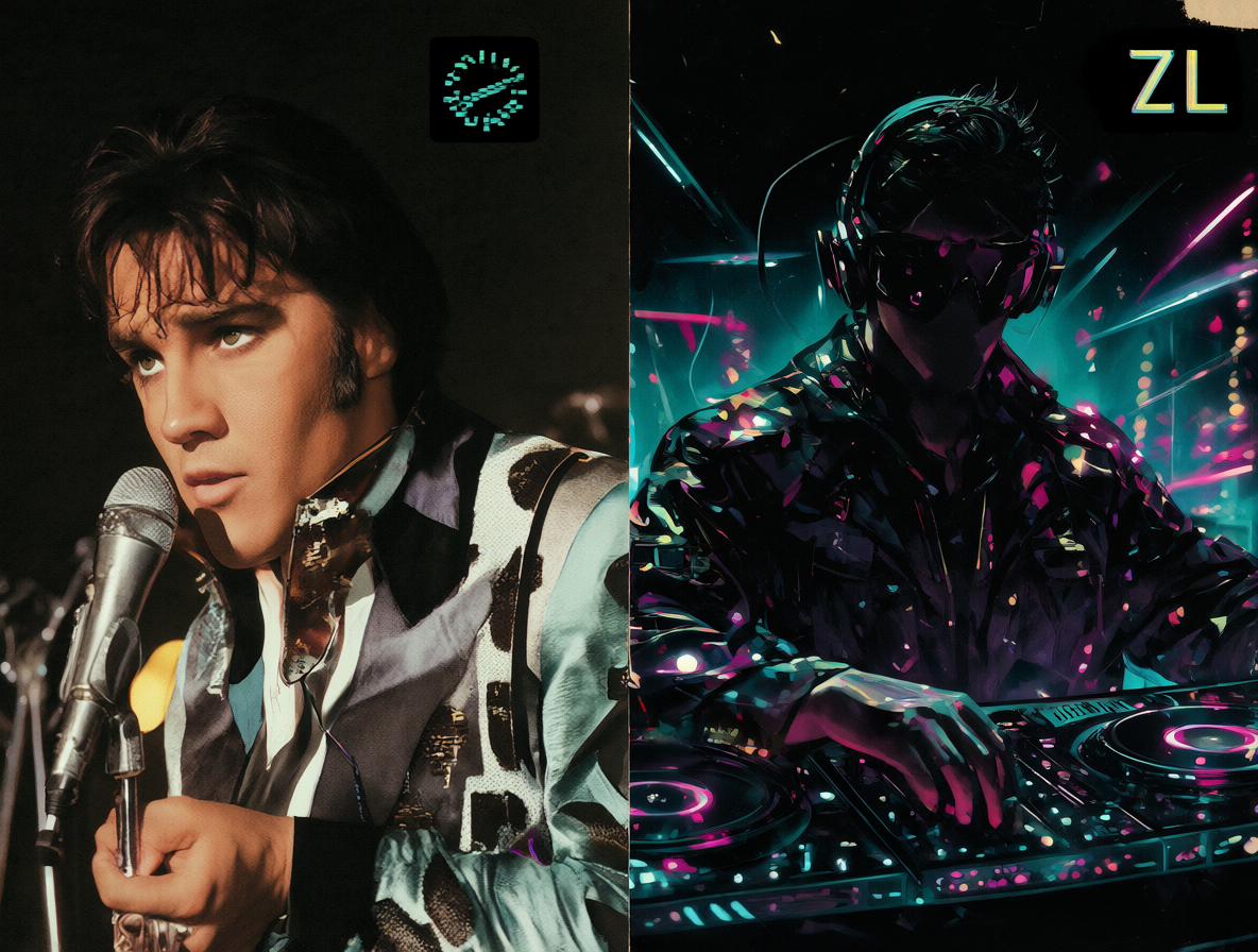 Comparativa visual entre Elvis Presley y un entorno de producción musical moderna