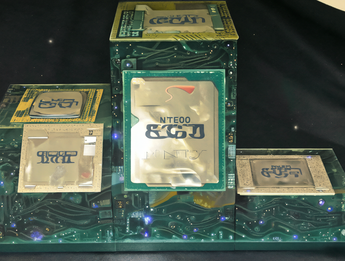 Podio de tres niveles con los procesadores Intel N100, Pentium G3250 y Celeron 847