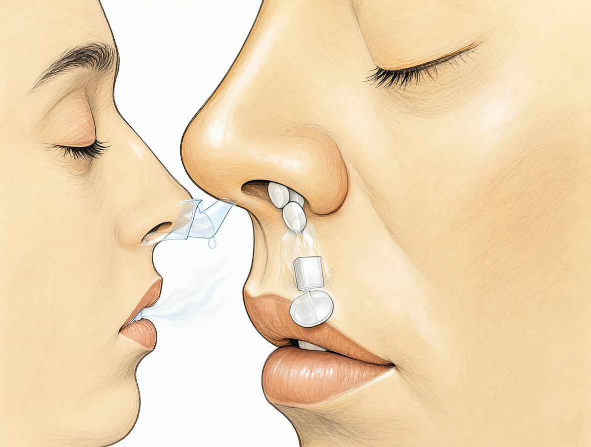 Vía nasal de administración de medicamentos, mostrando la entrada de una pastilla en la cavidad nasal.