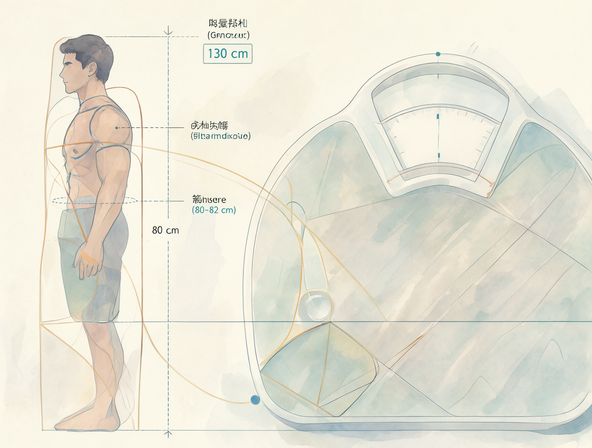 Ilustración de un diagrama que muestra el perfil lateral de una figura masculina con 180 cm de altura y hombros anchos, etiquetando claramente la circunferencia de los hombros (130 cm) y la cintura calculada (alrededor de 80-82 cm).