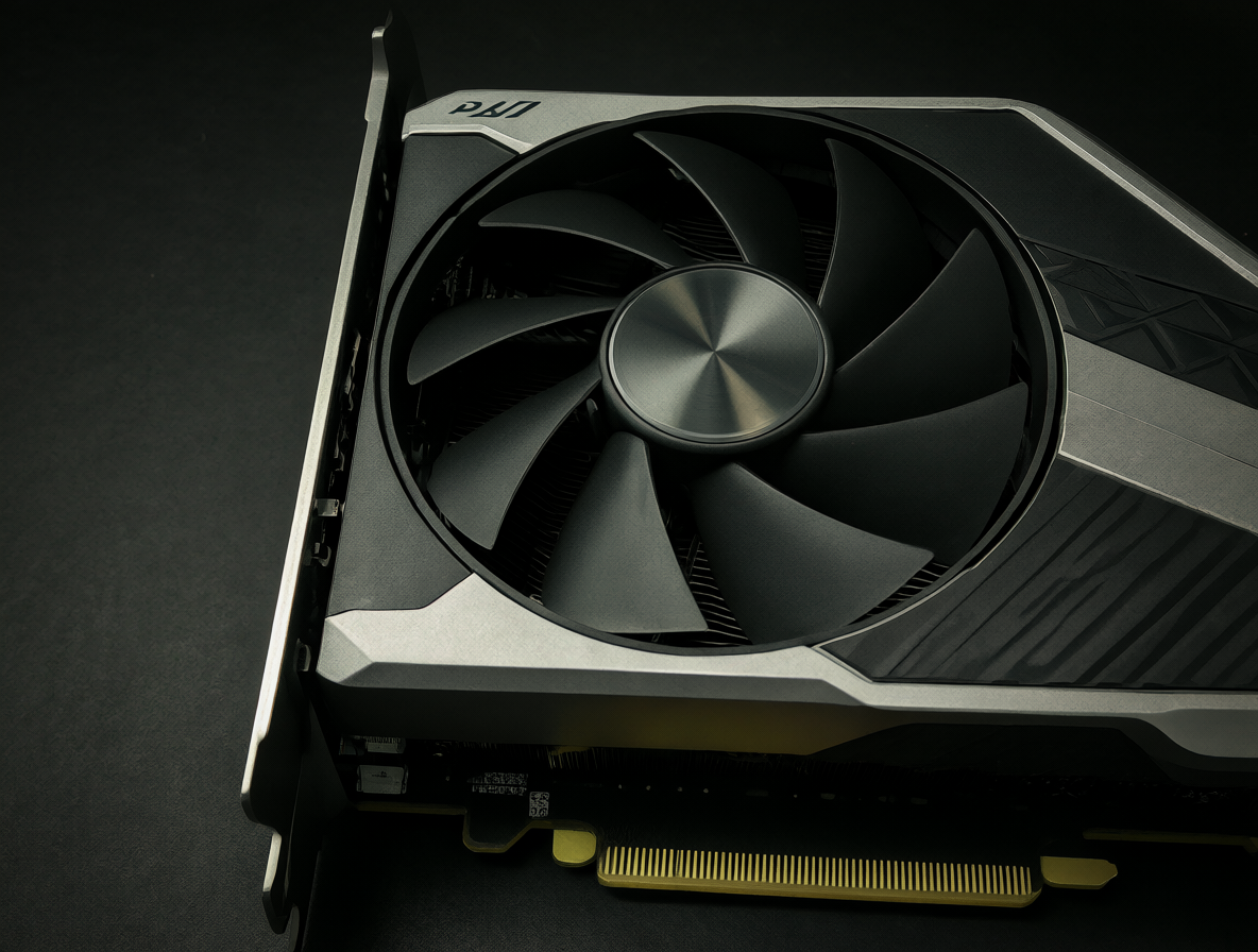 Diagrama detallado de una tarjeta gráfica NVIDIA GeForce RTX mostrando su perfil bajo y eficiente.