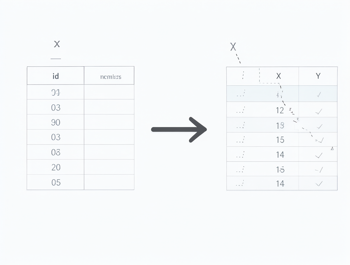 Diagrama de transformación de datos SQL mostrando el agrupamiento de columnas idénticas y la concatenación de valores diferentes.