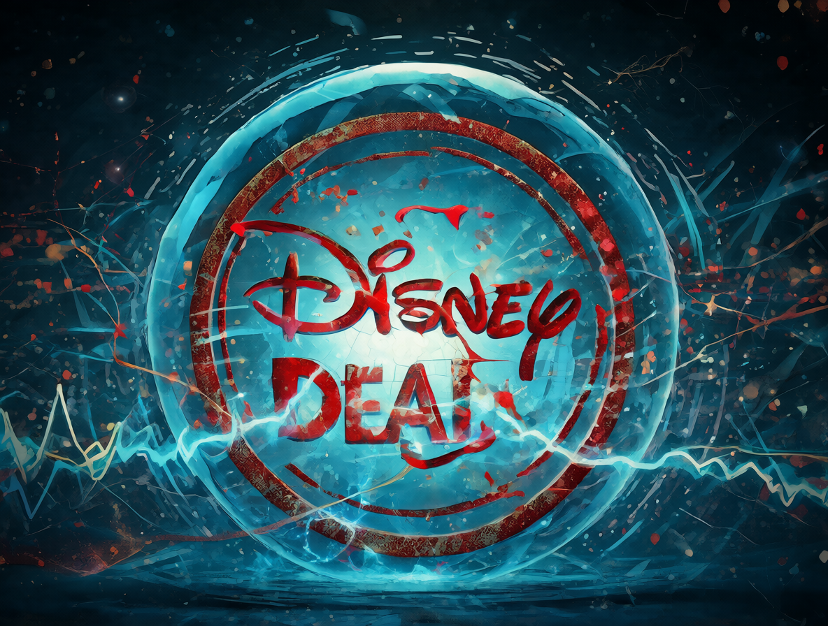 Gráfico conceptual mostrando una esfera inflada bajo presión financiera y un sello rojo gigante con Disney.