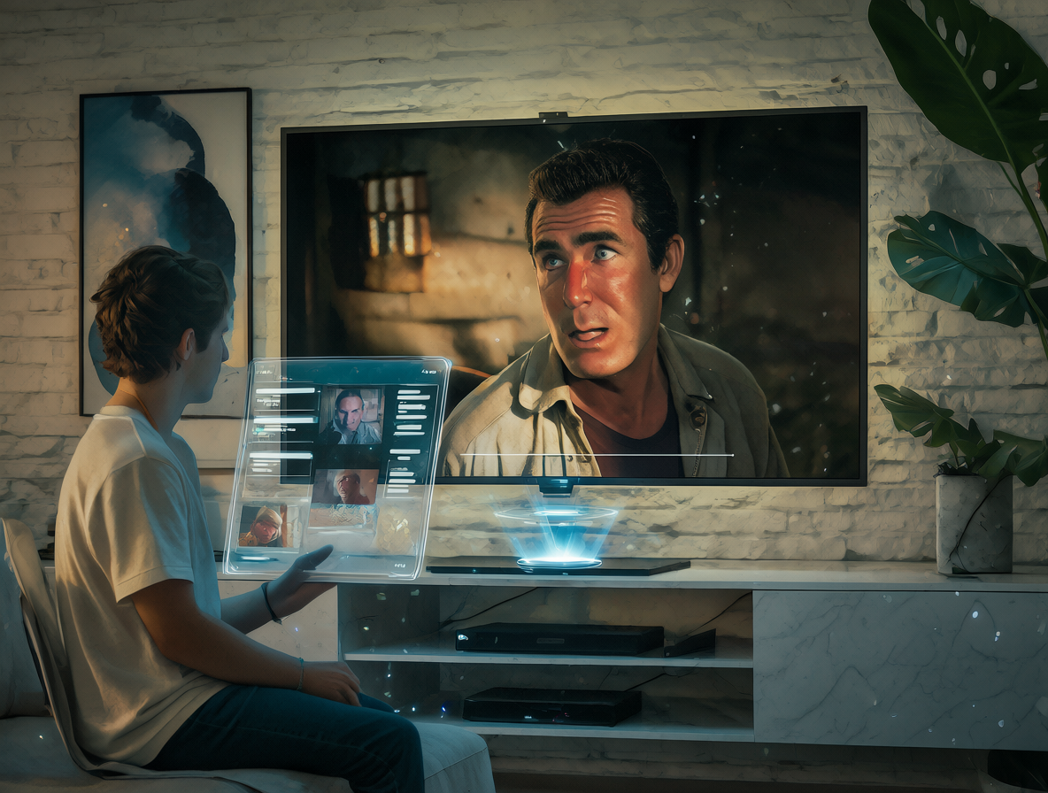 Ilustración de un usuario manipulando una interfaz holográfica para editar contenido multimedia en tiempo real.