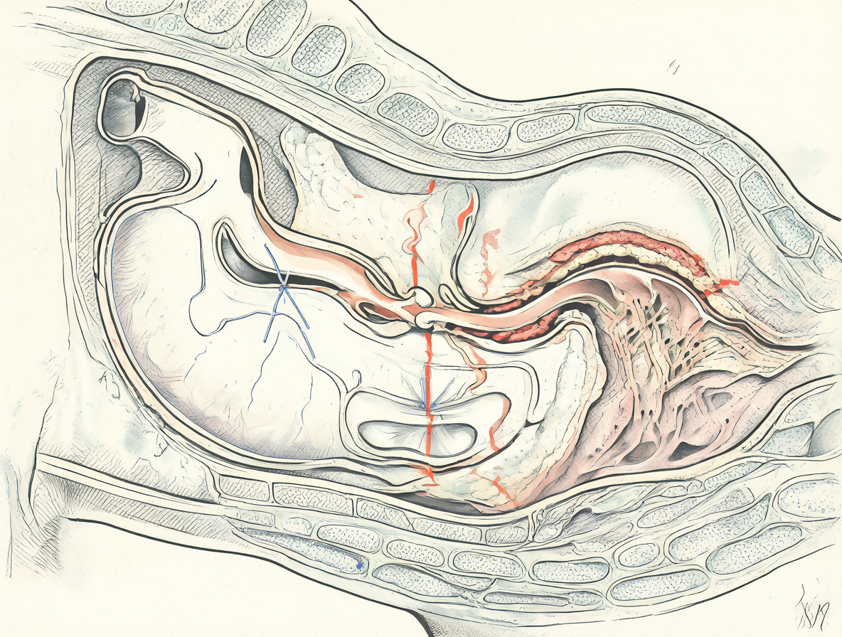 Sección transversal del abdomen humano mostrando cirugías de pérdida de peso.
