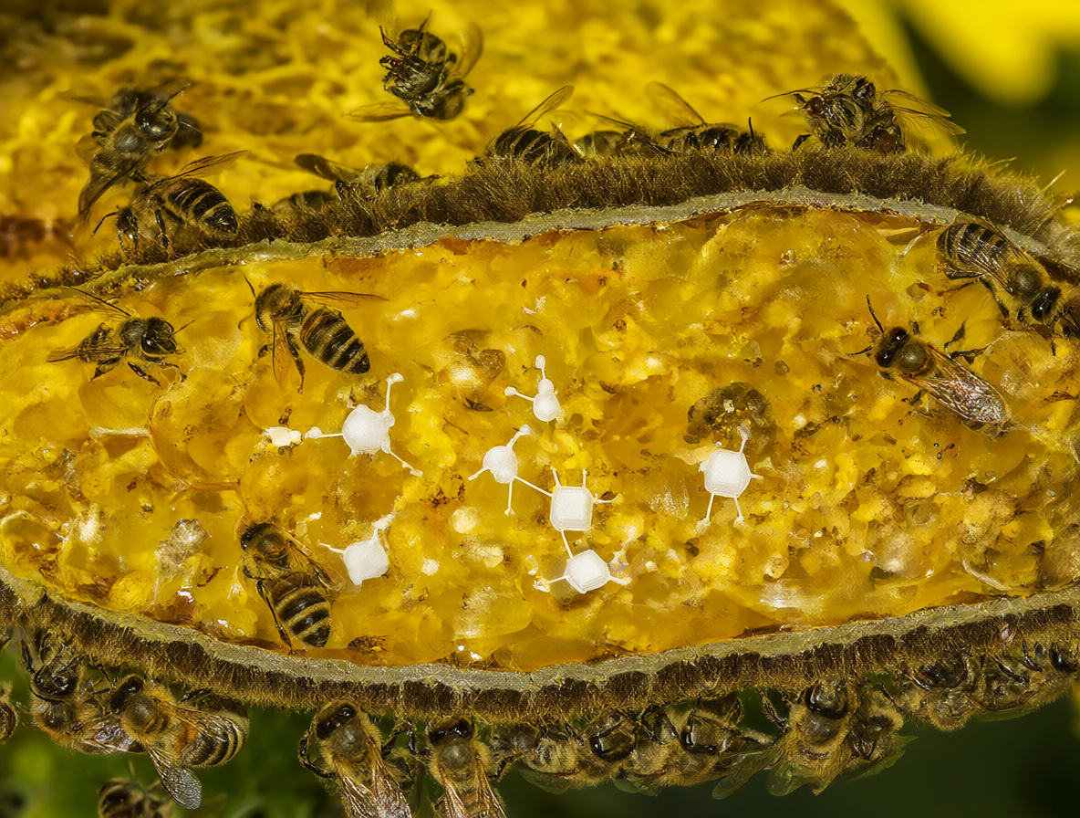 Macro shot of bees processing nectar with visible molecular breakdown of sugar