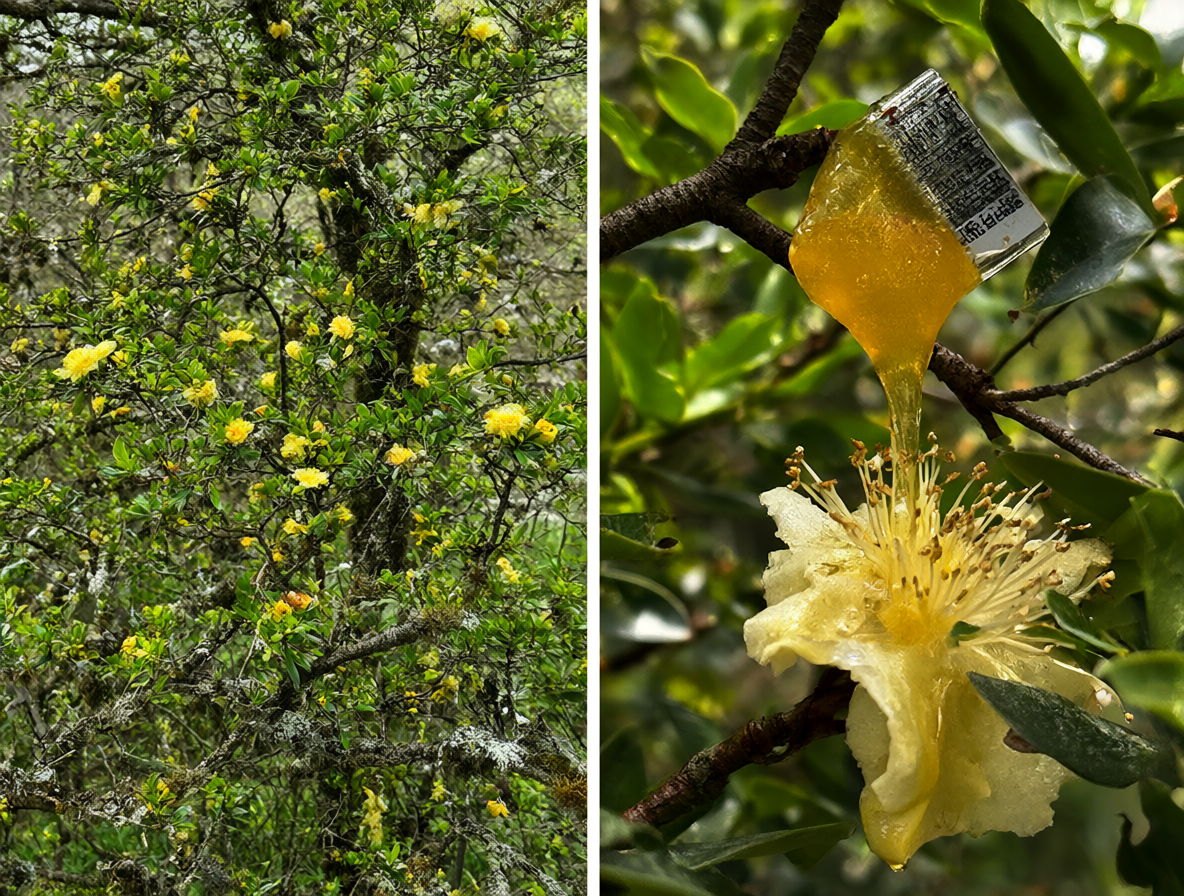 Ulmo tree in Chile with pure golden honey and a comparison of real versus fake honey