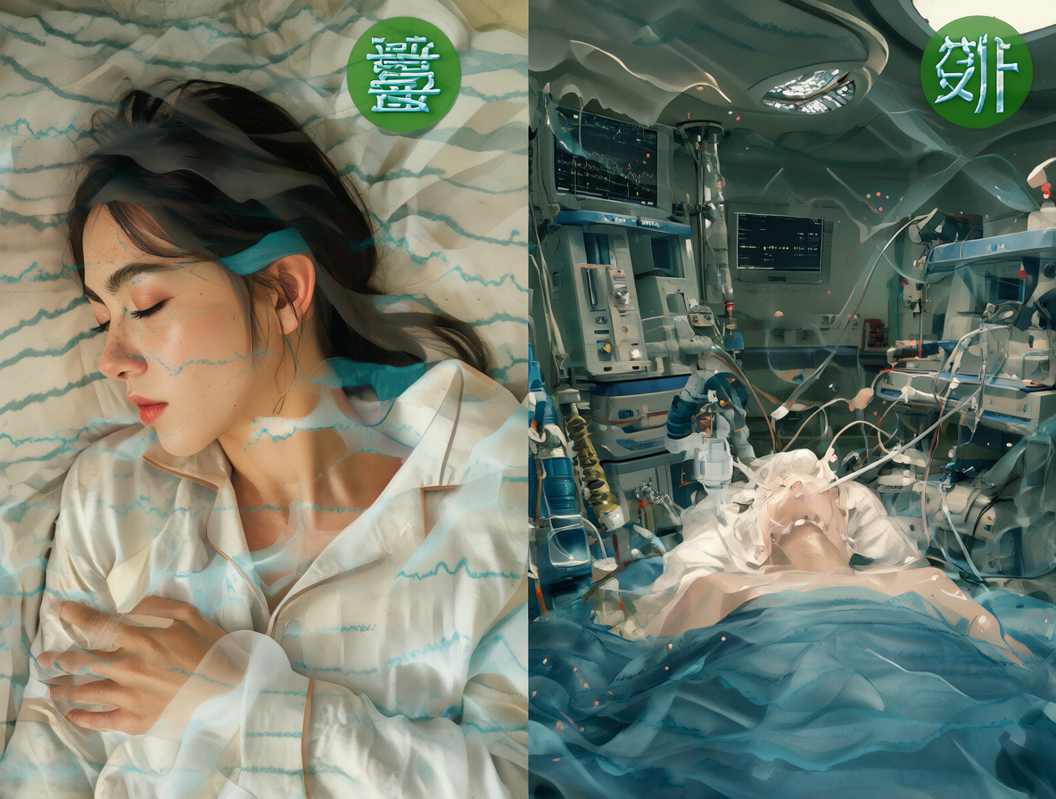 Imagen dividida mostrando el contraste entre dormir y estar bajo anestesia.