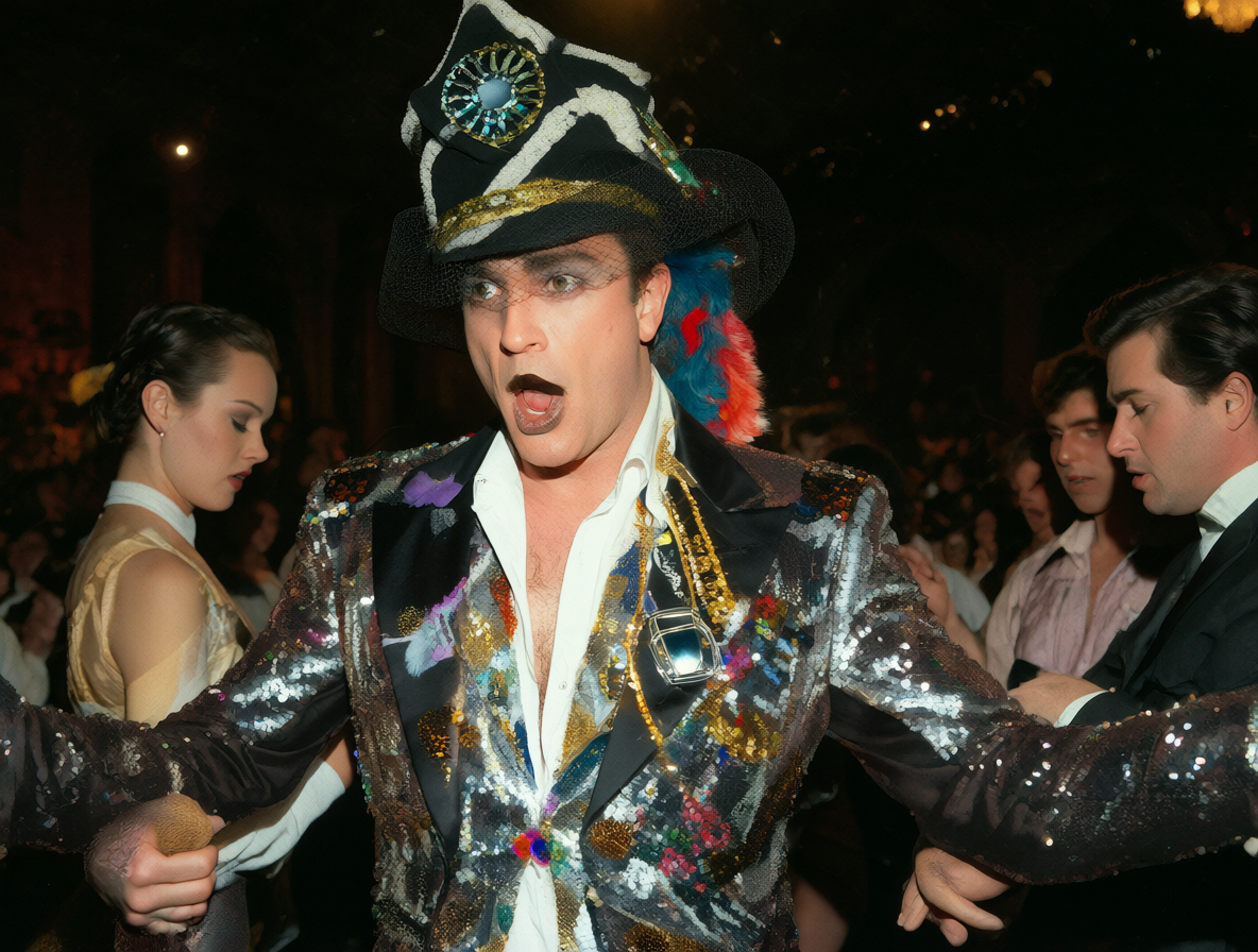 Boy George en un escenario con una estética de pop ochentero, parado sobre un entorno de milonga tradicional con bailarines de tango al fondo.