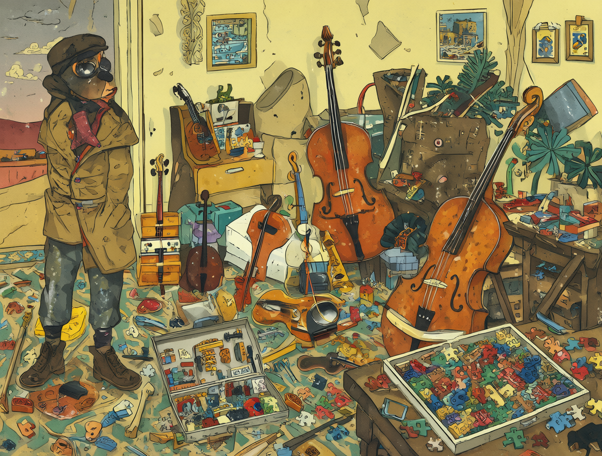 Un detective frente a instrumentos musicales dispersos y bloques de construcción.