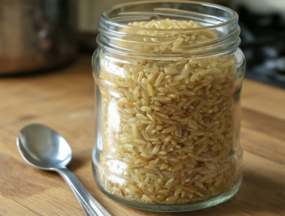 Frasco de vidrio transparente con granos de arroz integral crudo sobre una superficie de madera
