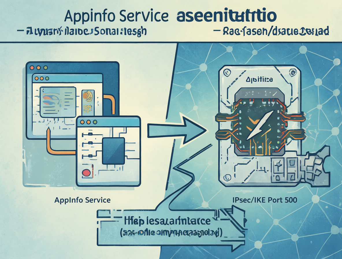 Diagrama mostrando la arquitectura del sistema operativo Windows con dos secciones principales: el servicio de configuración AppInfo y el protocolo de seguridad de red IPsec/IKE Port 500.