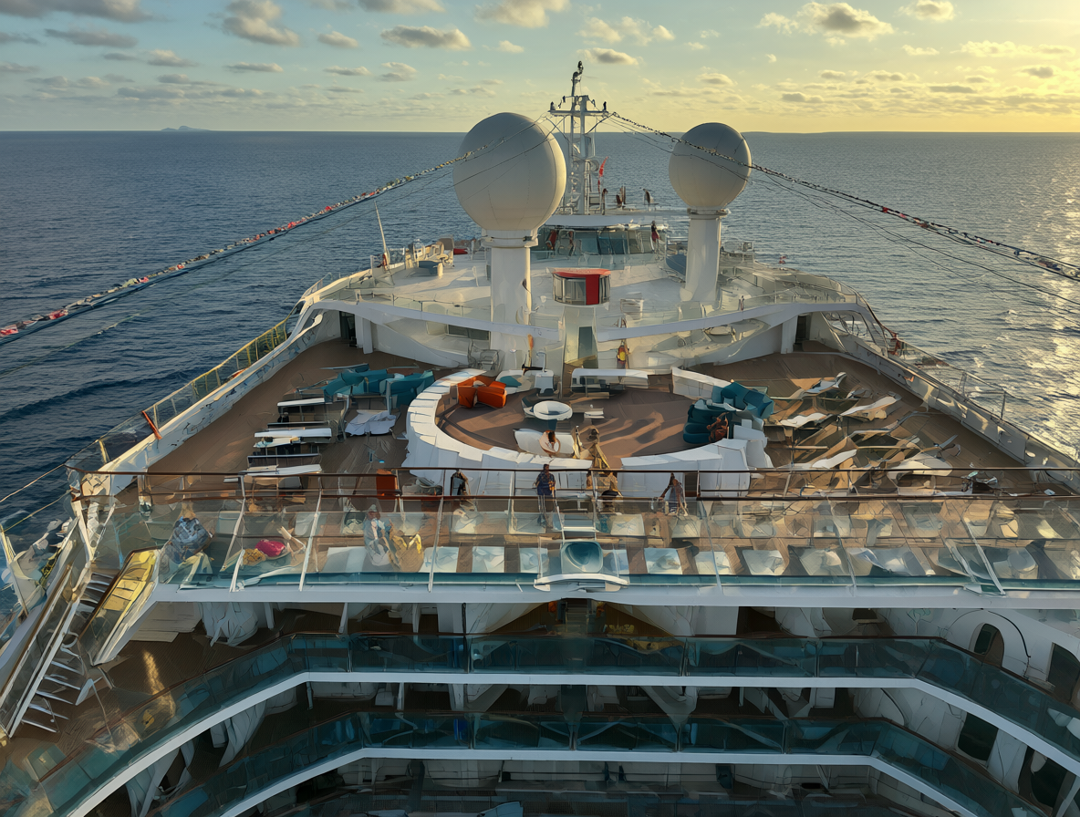 Foto de un crucero navegando por el mar con gente relajada en la cubierta al final del día.
