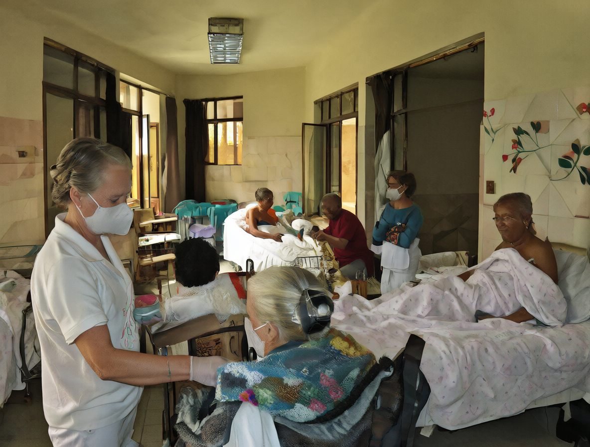 Foto del interior de una instalación residencial para ancianos con varias personas en el espacio común.