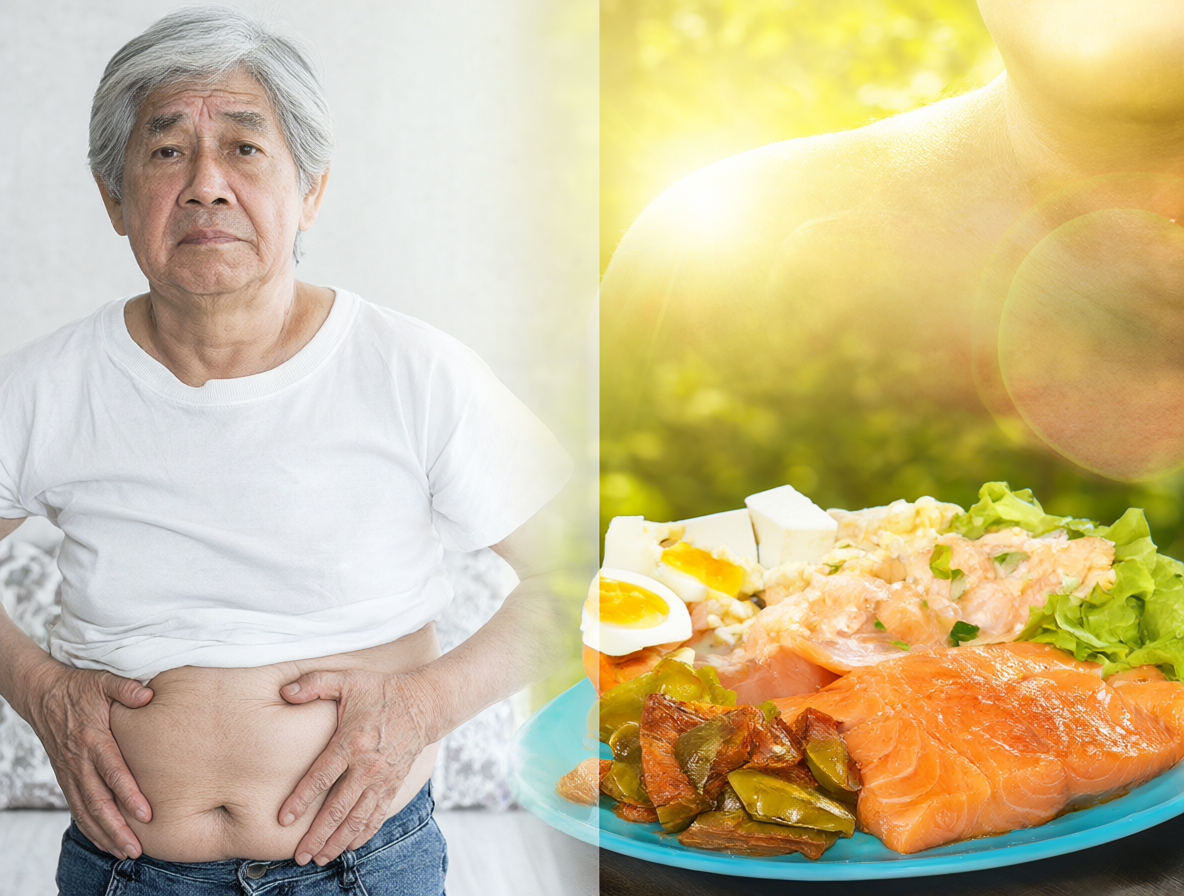 Una composición dividida que muestra preocupaciones de salud y soluciones, con una persona mayor tocando su abdomen y una placa de alimentos grasos bajo el sol.