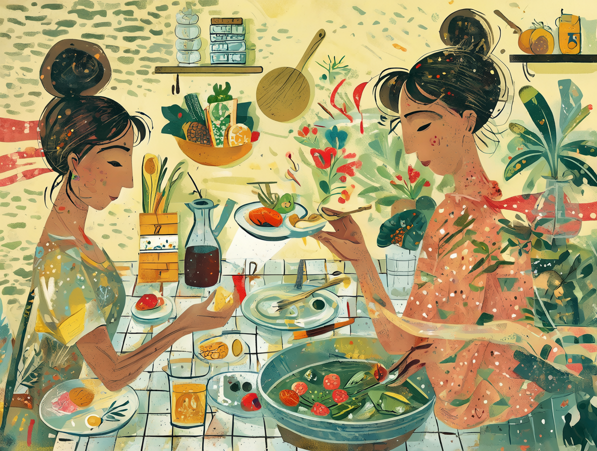 Ilustración de personas en un hogar compartiendo espacios