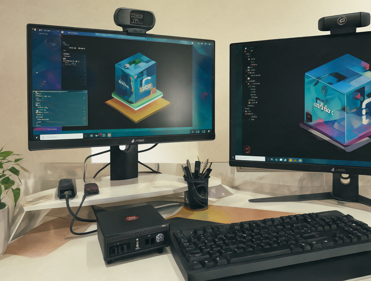 Escritorio moderno con el mini PC conectado a monitores mostrando un entorno de servidor activo.