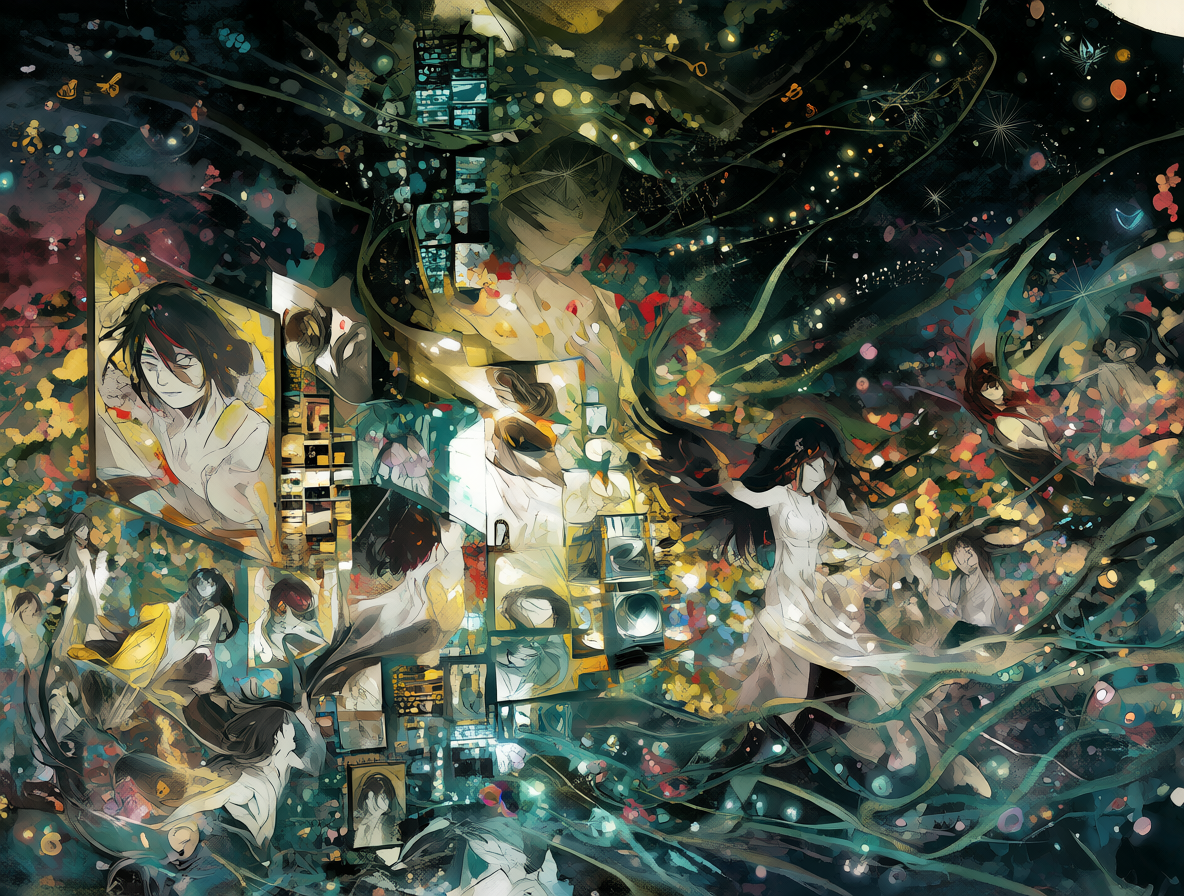 Yoshitoshi ABe rodeado de bocetos de anime en un estudio iluminado por luces digitales.