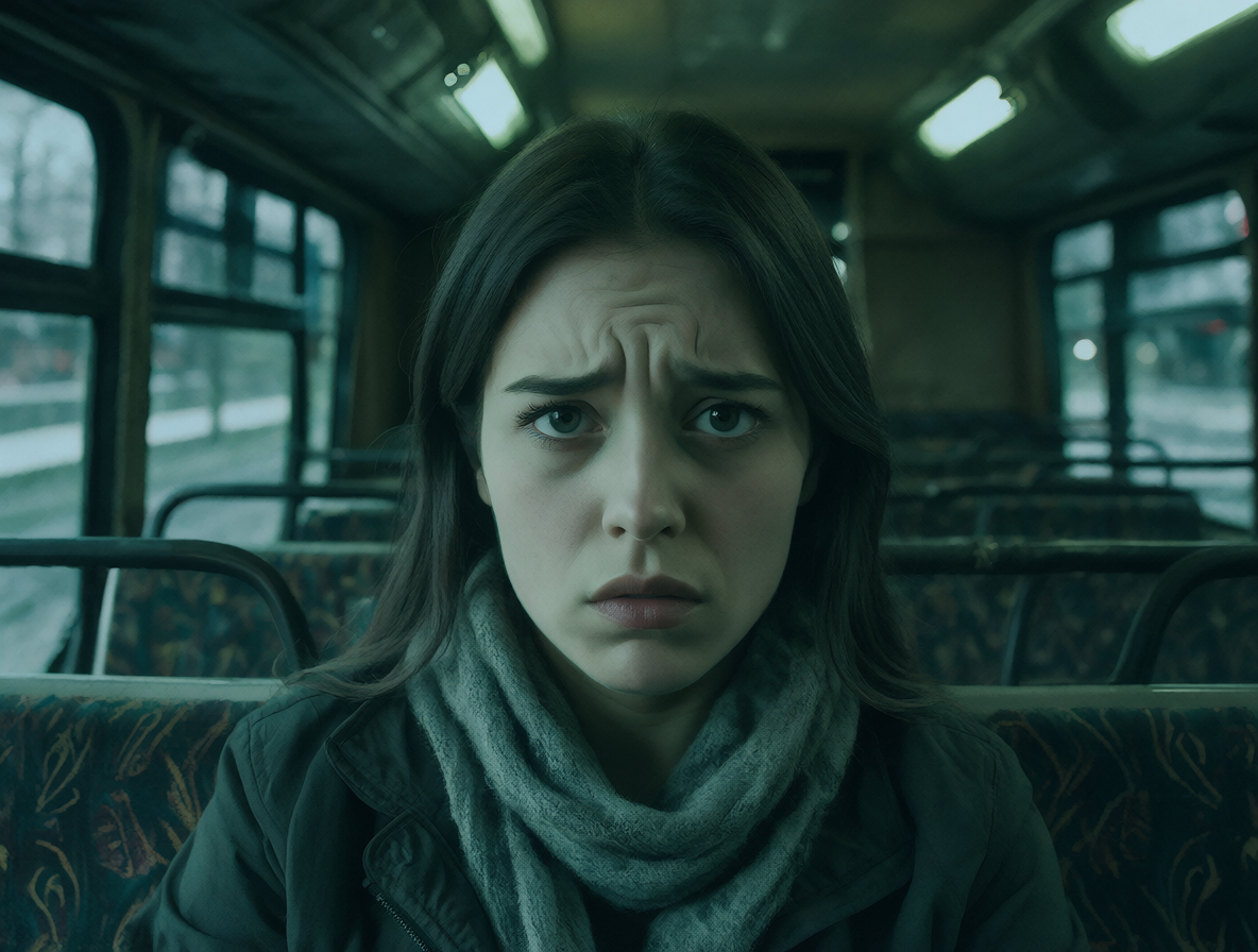 Mujer joven sentada en un autobús público con expresión de incomodidad y confusión.
