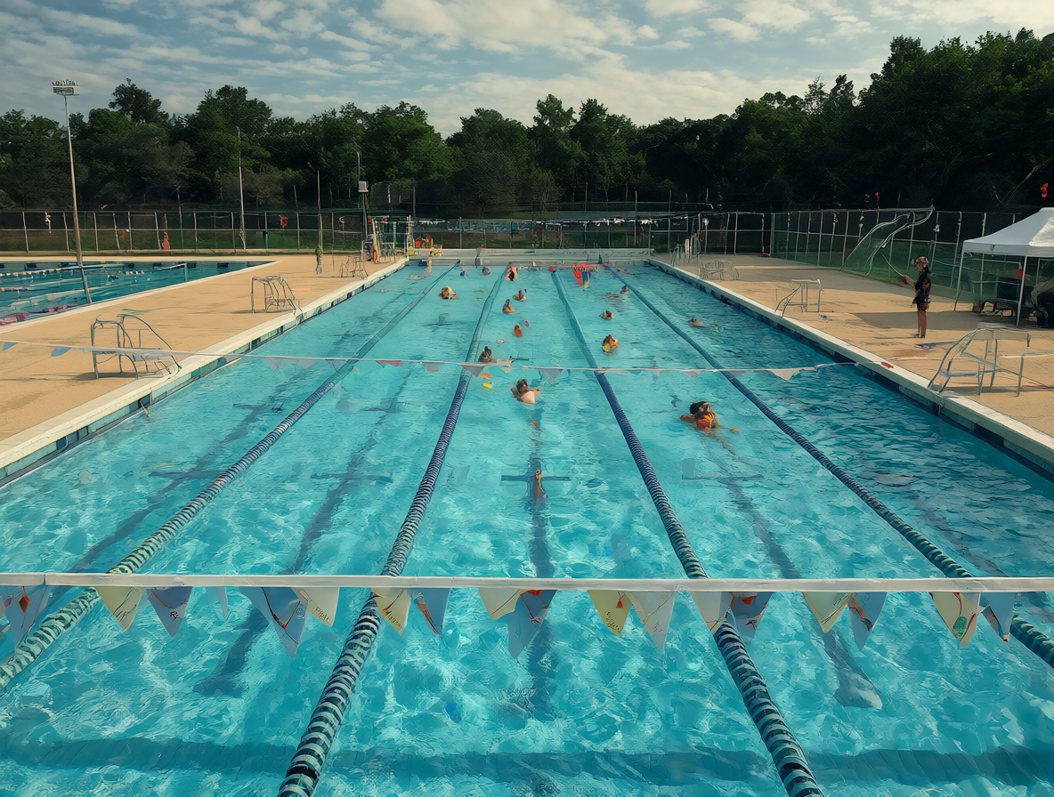 Vista general de una piscina con carriles y personas organizadas, destacando la desorientación del narrador en el centro del agua.