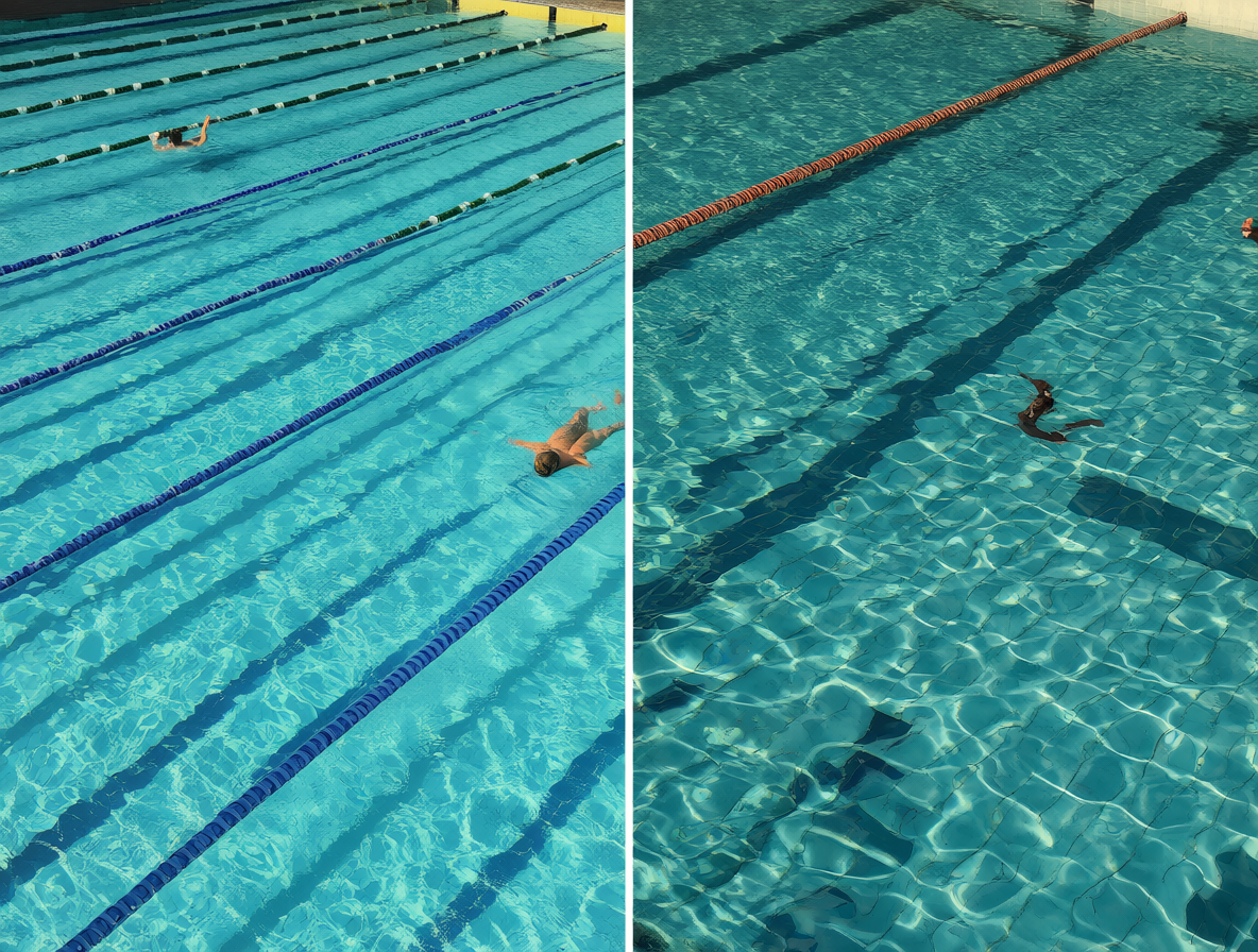 Contraste visual entre un lado de la piscina con carriles ordenados y otro lado vacío o desorganizado.