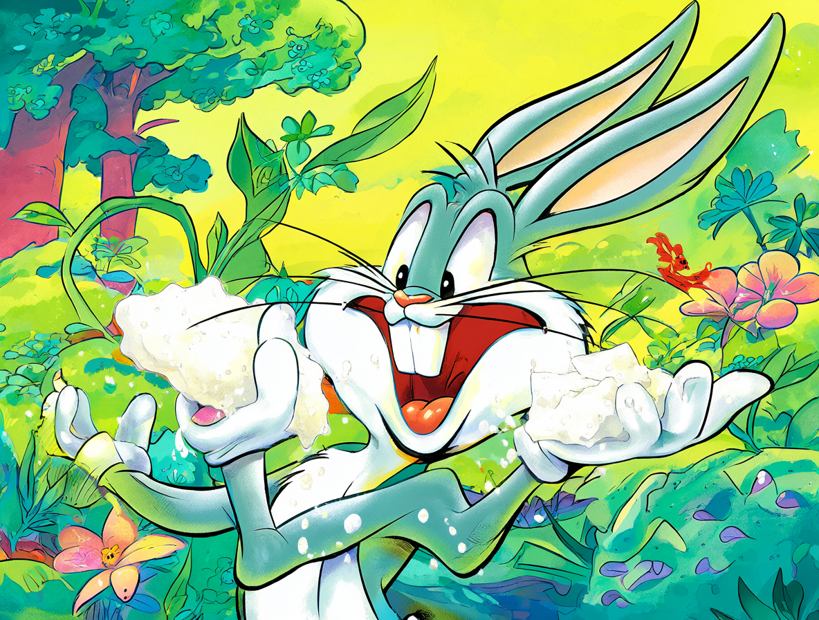 Ilustración colorida del personaje Bugs Bunny en una escena clásica de Los Looney Tunes.