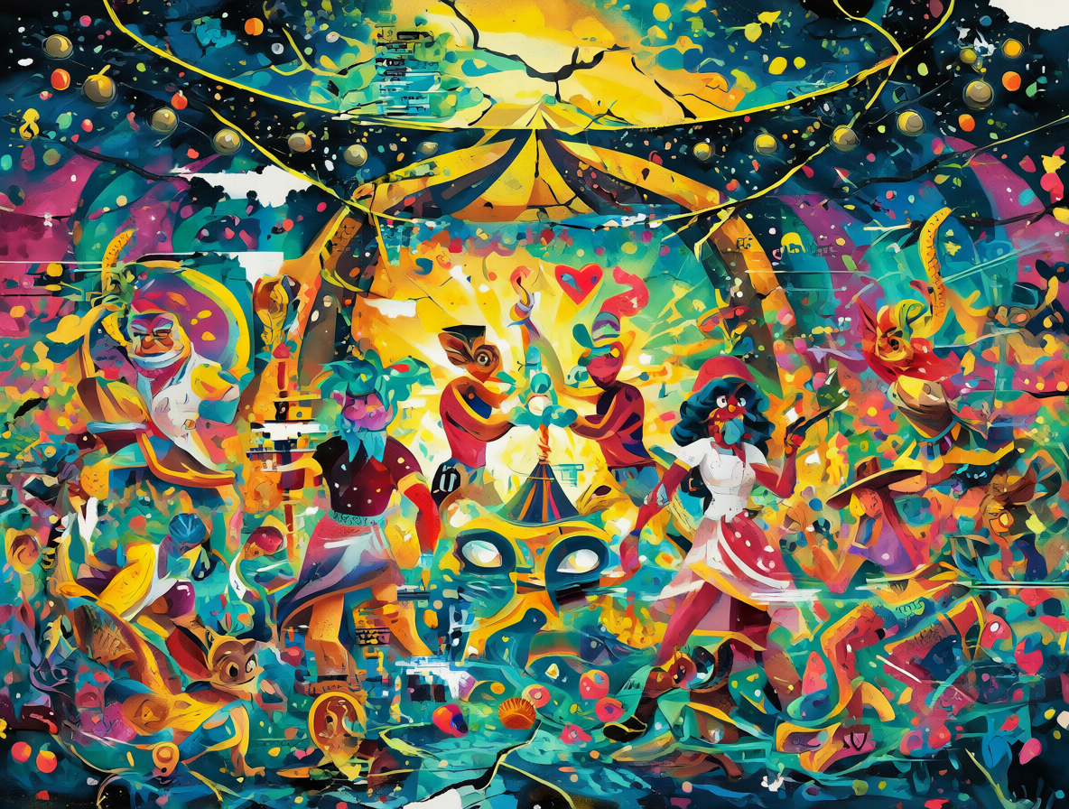 Vista del Circo Digital con colores brillantes y personajes caricaturescos, revelando grietas en el fondo.
