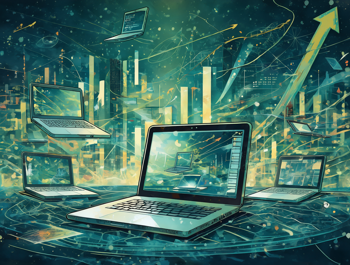 Ilustración del MacBook Neo junto a laptops competidoras en un entorno tecnológico futurista.