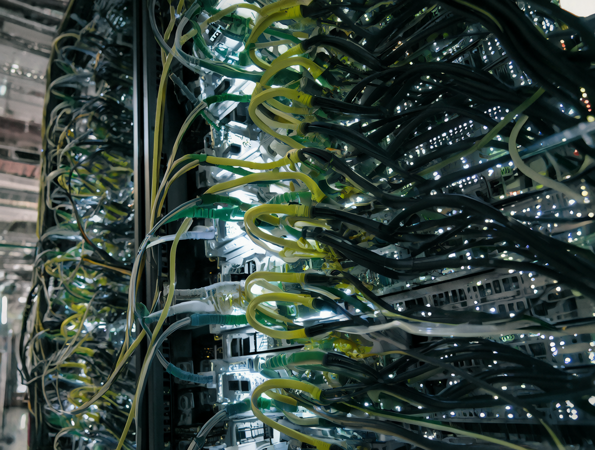Rack de servidores de alto voltaje en un centro de datos.