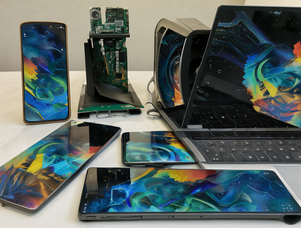 Varios dispositivos electrónicos modernos dispuestos juntos para mostrar la evolución del hardware personal.