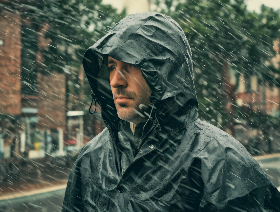 Hombre preparado para el clima en medio de un temporal fuerte