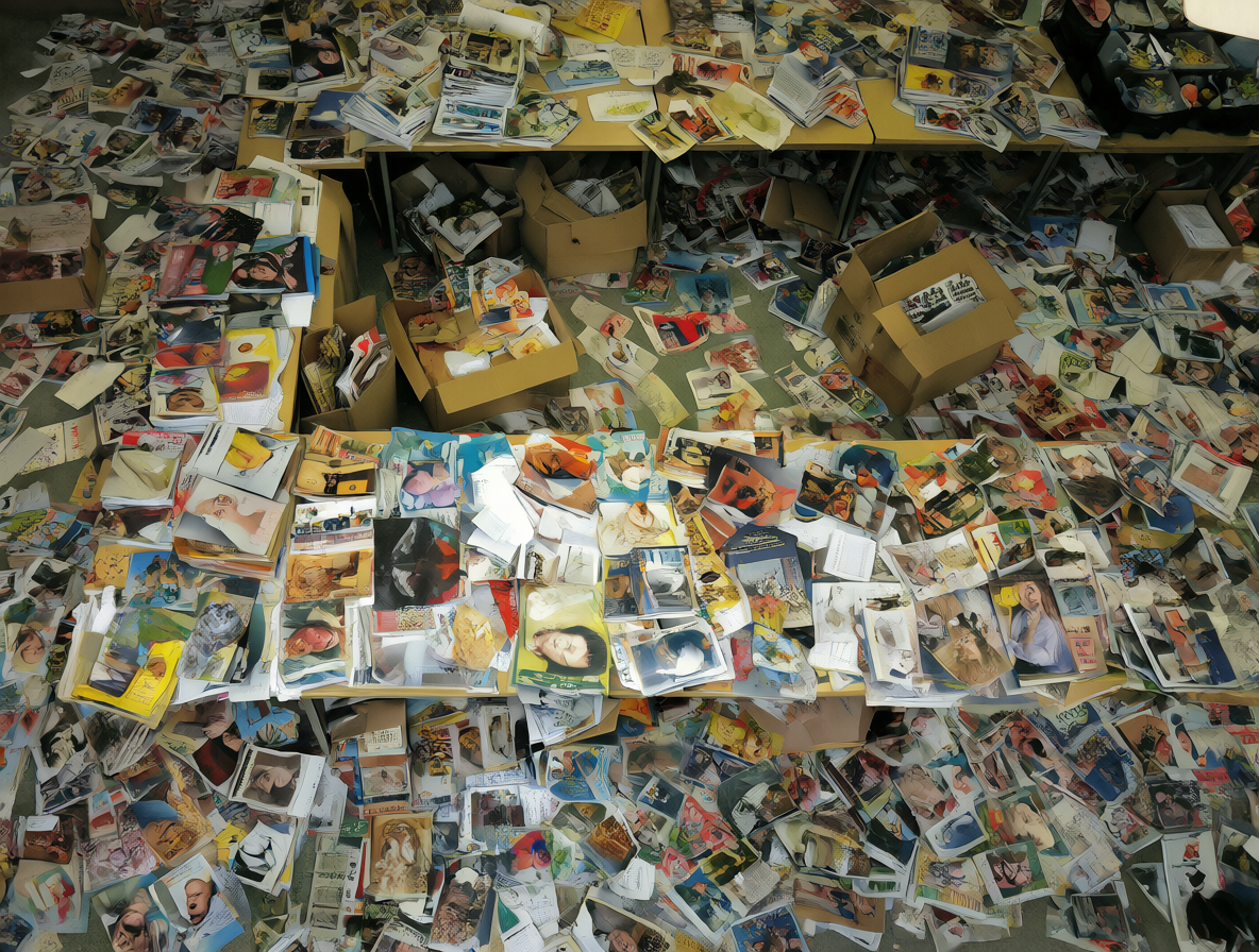 Vista cenital de un espacio desbordado con cientos de revistas en formato A3 amontonadas sobre mesas y estanterías, junto a cajas archivadoras abiertas.