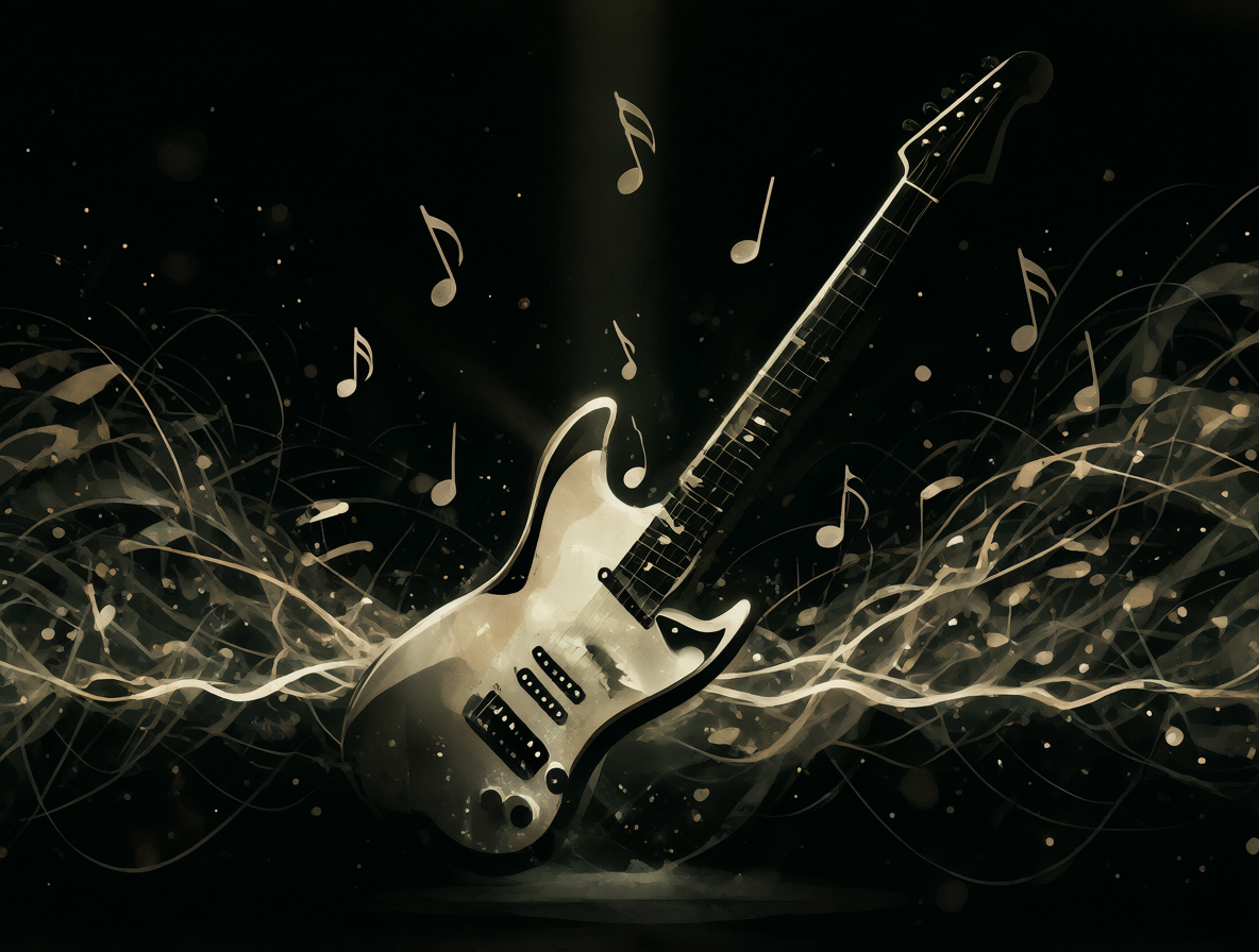 Composición abstracta de notas musicales flotando sobre un fondo oscuro con una silueta de guitarra eléctrica y ondas de sonido difusas.