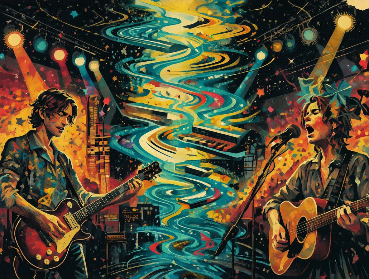 Ilustración mostrando tres secciones de música sin bajo: rock con guitarra eléctrica, electrónica minimalista y folk acústico.