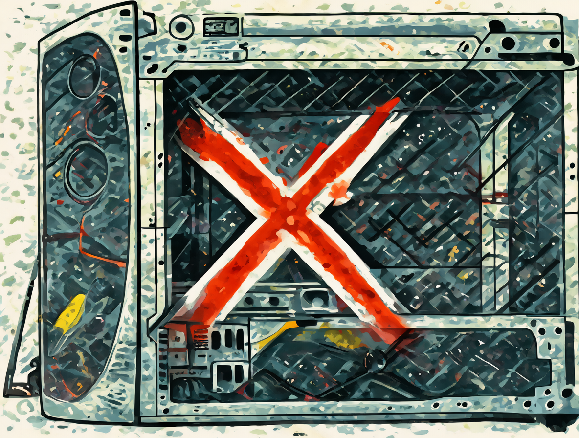 Ilustración abstracta de un chasis de computadora sellado con una X roja indicando la falta de opciones de actualización.