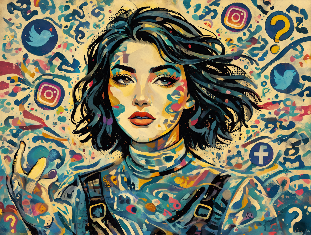 Retrato artístico de la influencer Naya Fácil rodeada de iconos de redes sociales y signos de interrogación, representando las acusaciones infundadas.