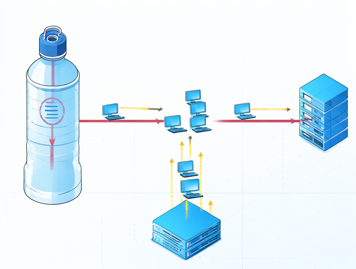 Diagrama técnico de una red con un router Mikrotik y un ONT mostrando una botella en la conexión debido a la saturación de tablas NAT.