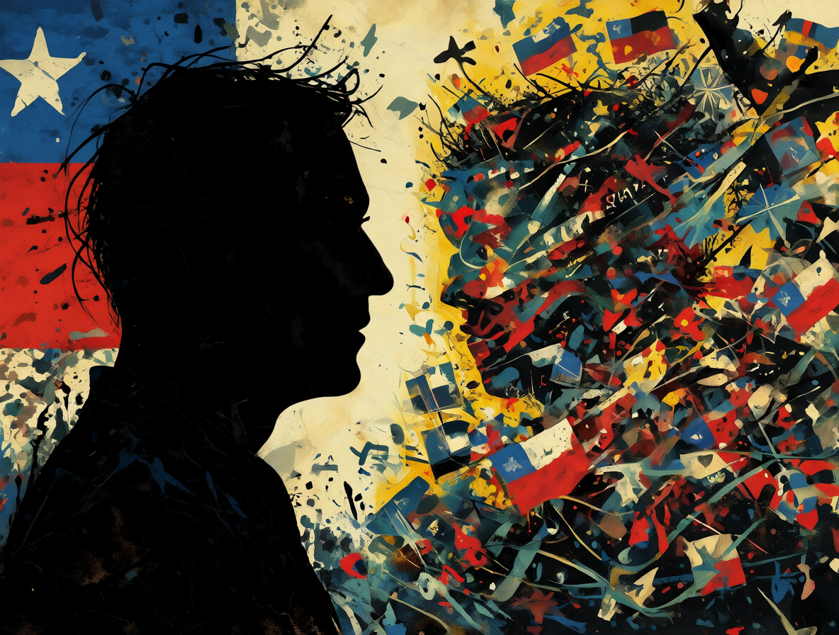Ilustración del conflicto político en Chile representando a José Antonio Kast y la tensión social.