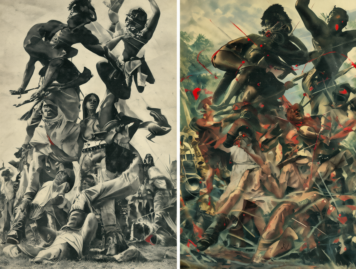 Imagen dividida mostrando fotografías históricas a la izquierda y versiones editadas por IA a la derecha con marcas de advertencia rojas en las áreas modificadas.